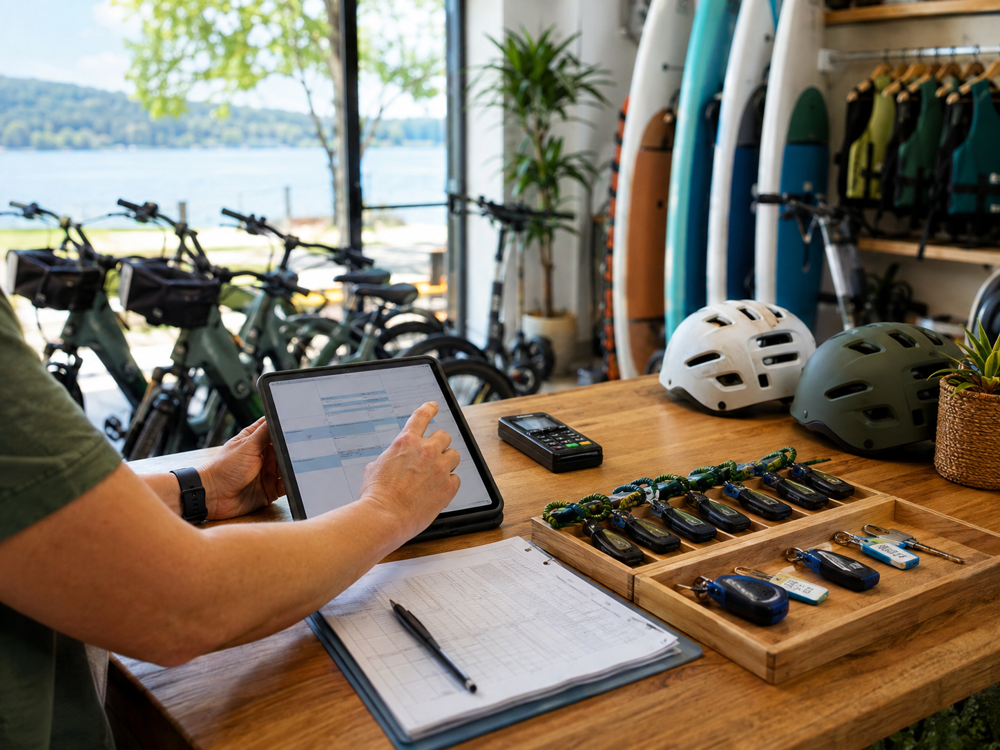 A rental shop counter with booking tablet, helmets, keys and equipment